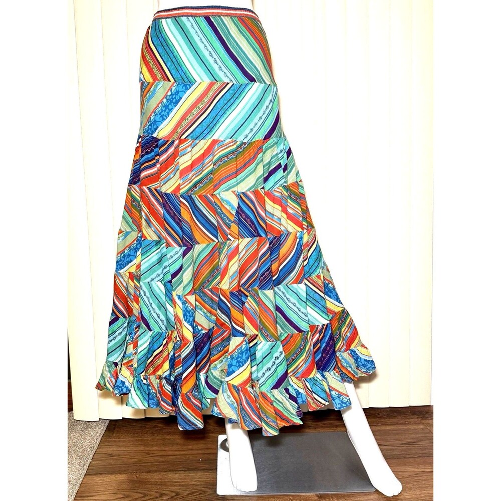 NY Collection Skirt Womens Rainbow Stripe Patchwork Cotton Boho Midi Ruffle M